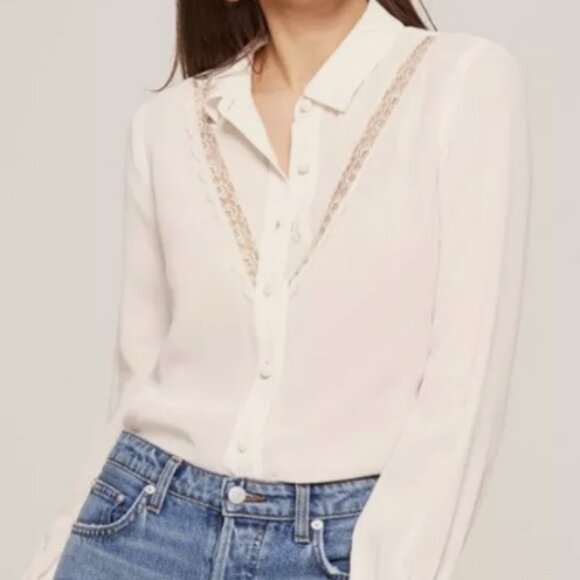 Reformation Paulina Cream Lace Sheer Collar Button Front Shirt - Picture 3 of 13